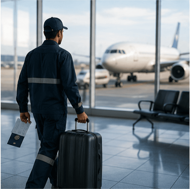 Deployed worker departing through the airport