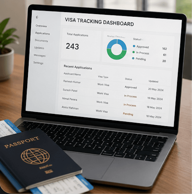 Visa status tracking dashboard on a laptop