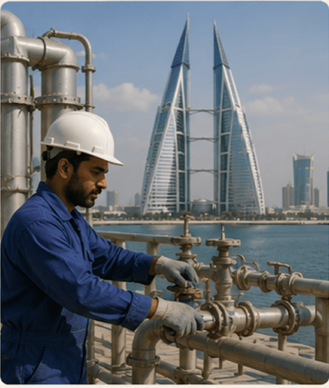 Overseas technician servicing pipework with the Bahrain skyline