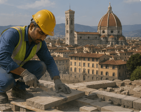 Overseas stonemason at work with a Florence backdrop