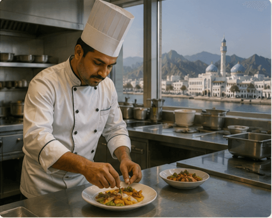 Overseas chef plating food at an Oman hospitality venue