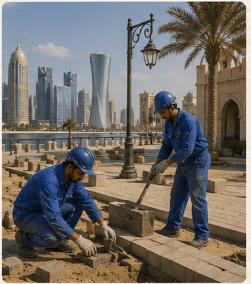 Overseas workers paving a walkway on the Doha corniche