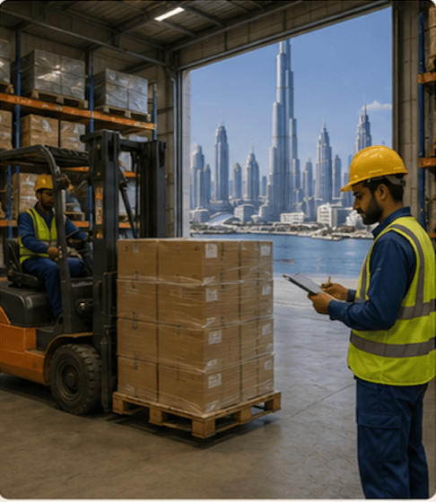 Overseas logistics crew at a UAE warehouse with the Dubai skyline